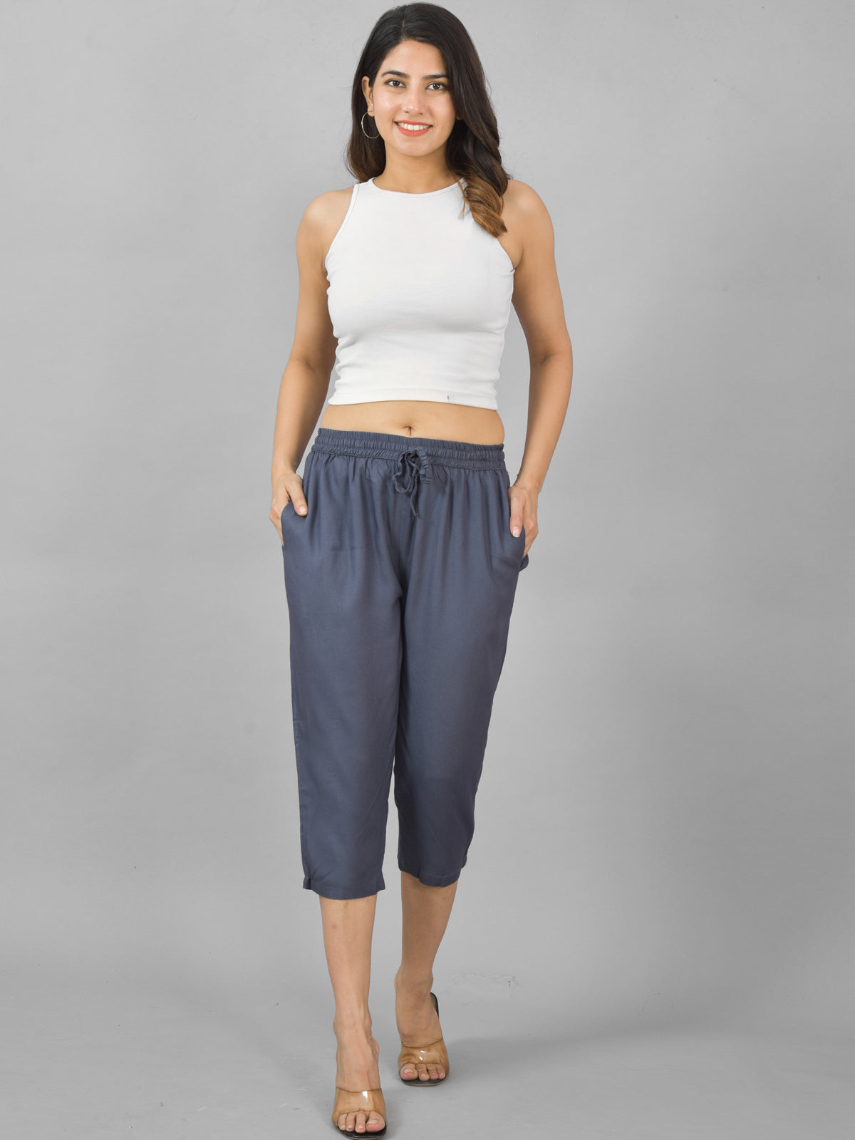 Women Solid Dark Grey Rayon Calf Length Culottes Trouser