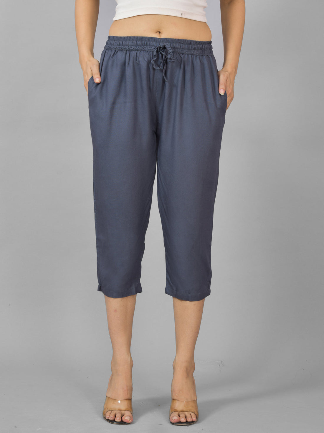 Pack Of 2 Womens Dark Grey And Mauve Pink Calf Length Rayon Culottes Trouser Combo