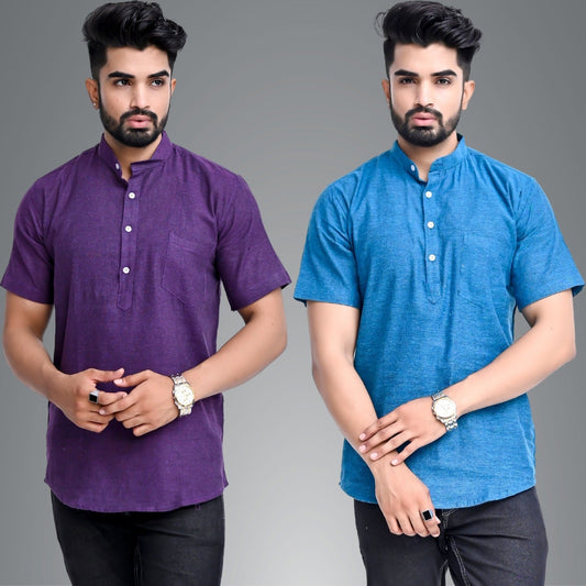 Mens Regular Fit Dark Purple and Teal Blue Half Sleeve Cotton Short Kurta Combo