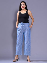 QuaClo Denim Blue Linen Slub Women Regular Fit Cotton Trouser