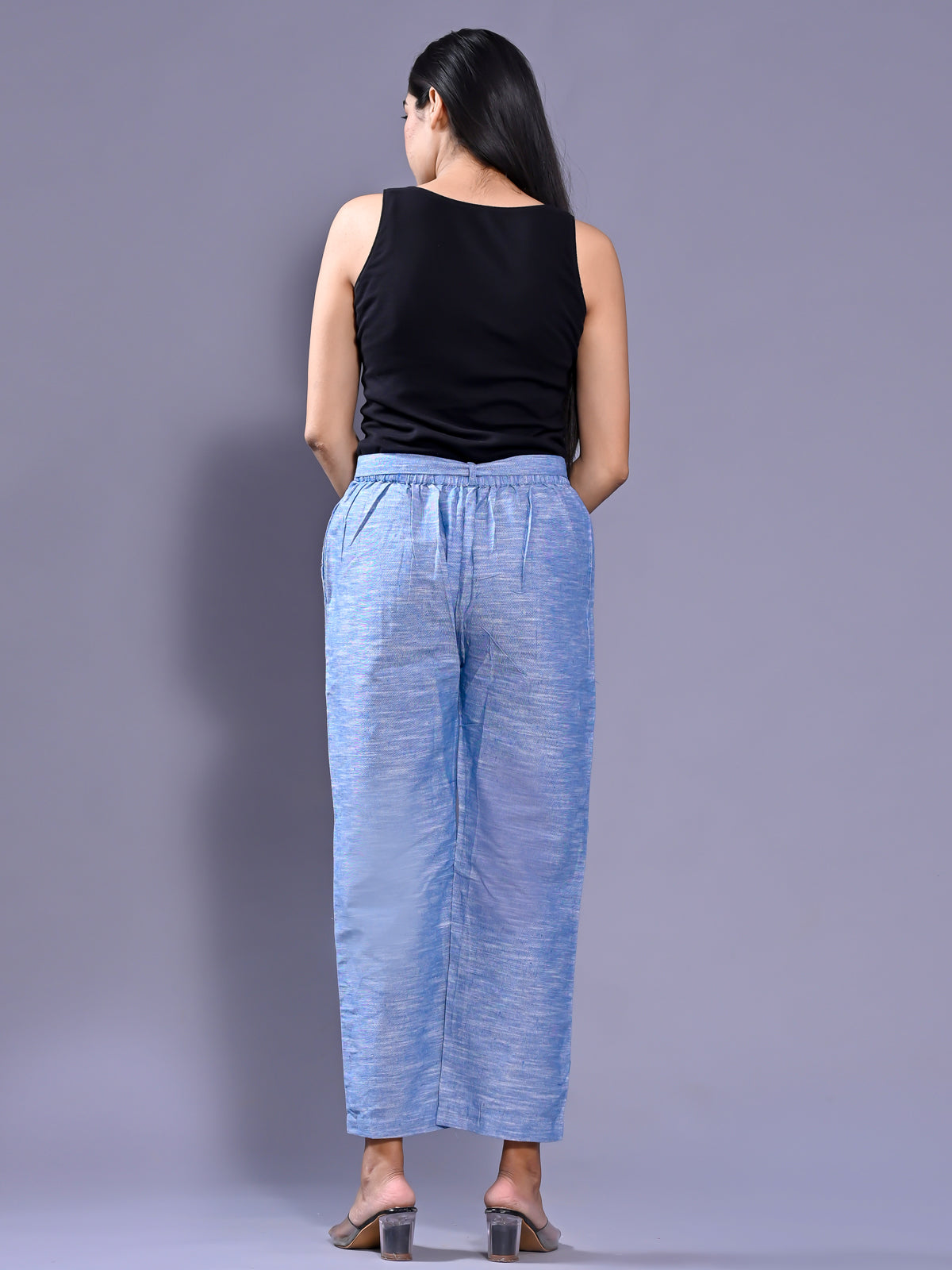 QuaClo Denim Blue Linen Slub Women Regular Fit Cotton Trouser