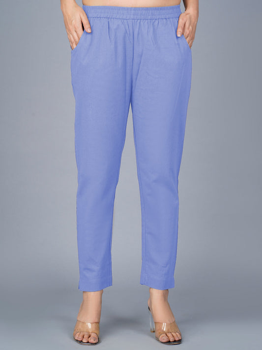 Women's Denim Blue Regular Fit Elastic Cotton Trouser