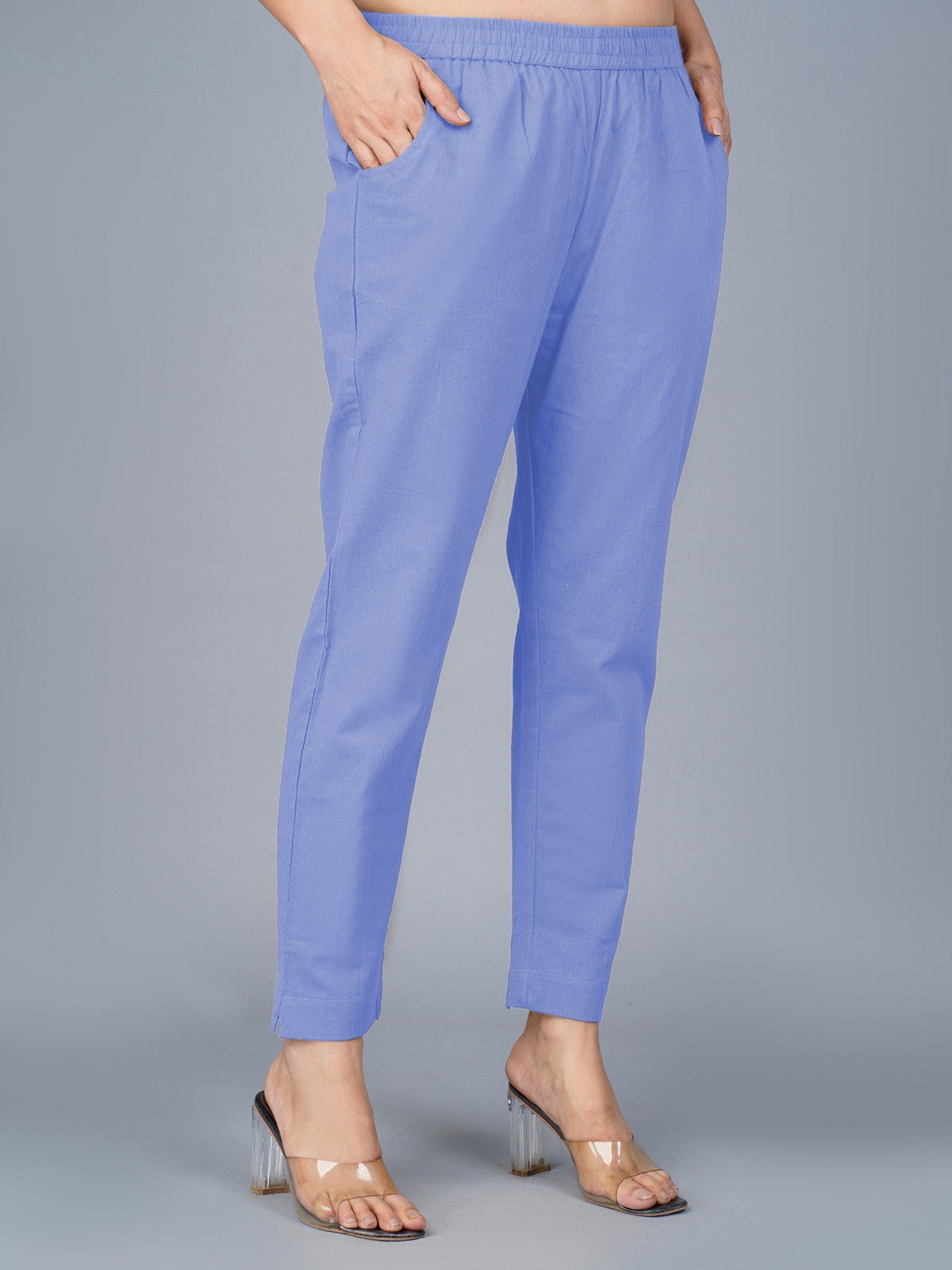 Women's Dark Blue Regular Fit Elastic Cotton Trouser
