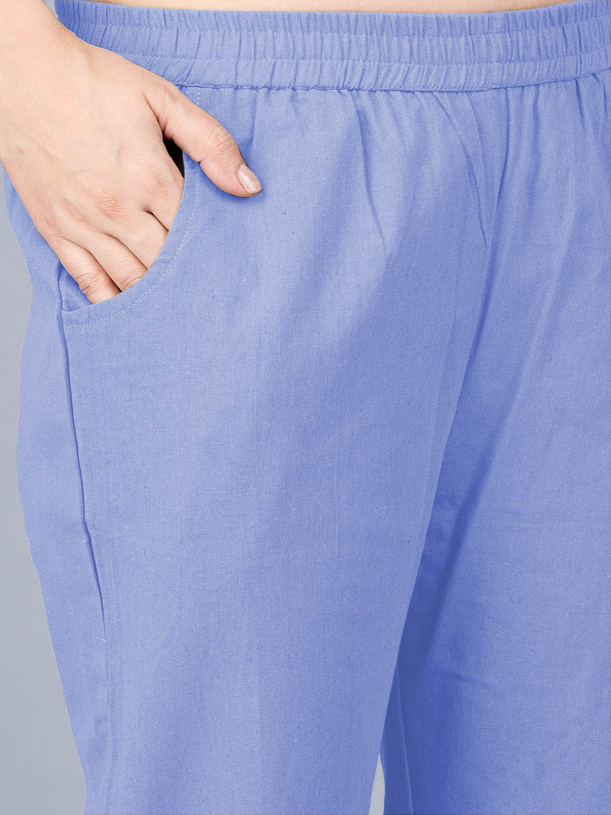 Women's Denim Blue Regular Fit Elastic Cotton Trouser