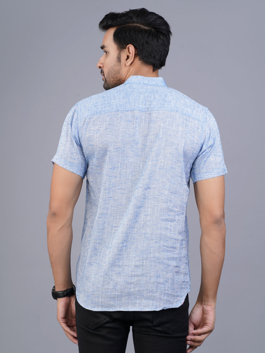 Mens Denim Blue Short Sleeves Cotton Slub Kurta