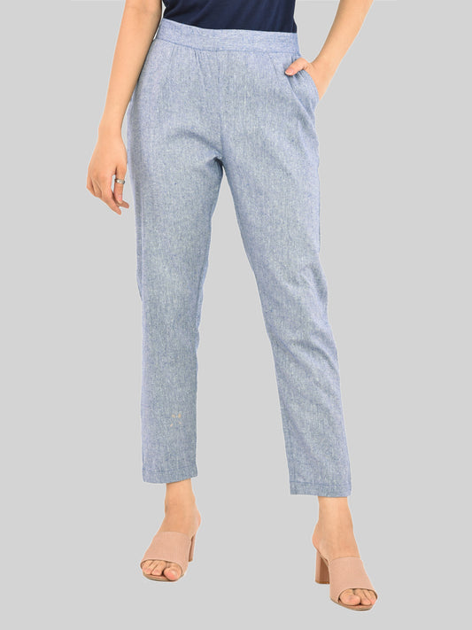 Women Solid Denim Blue South Cotton Trouser