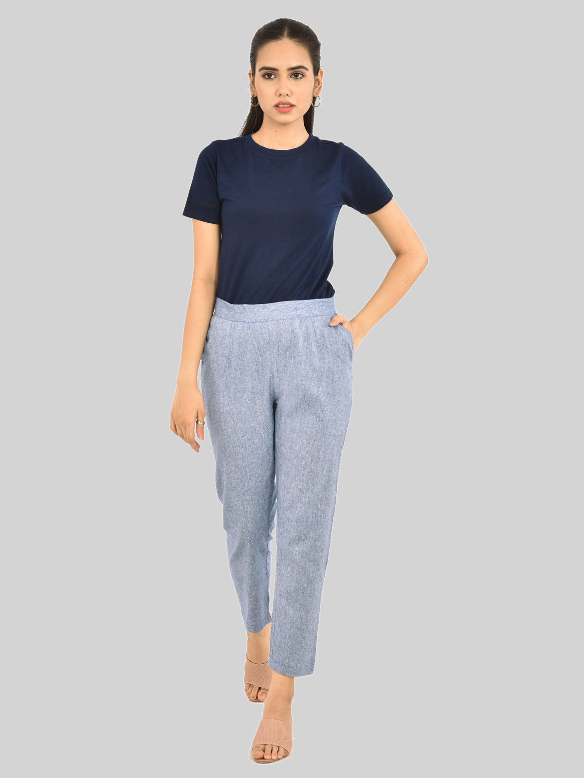 Women Solid Denim Blue South Cotton Trouser