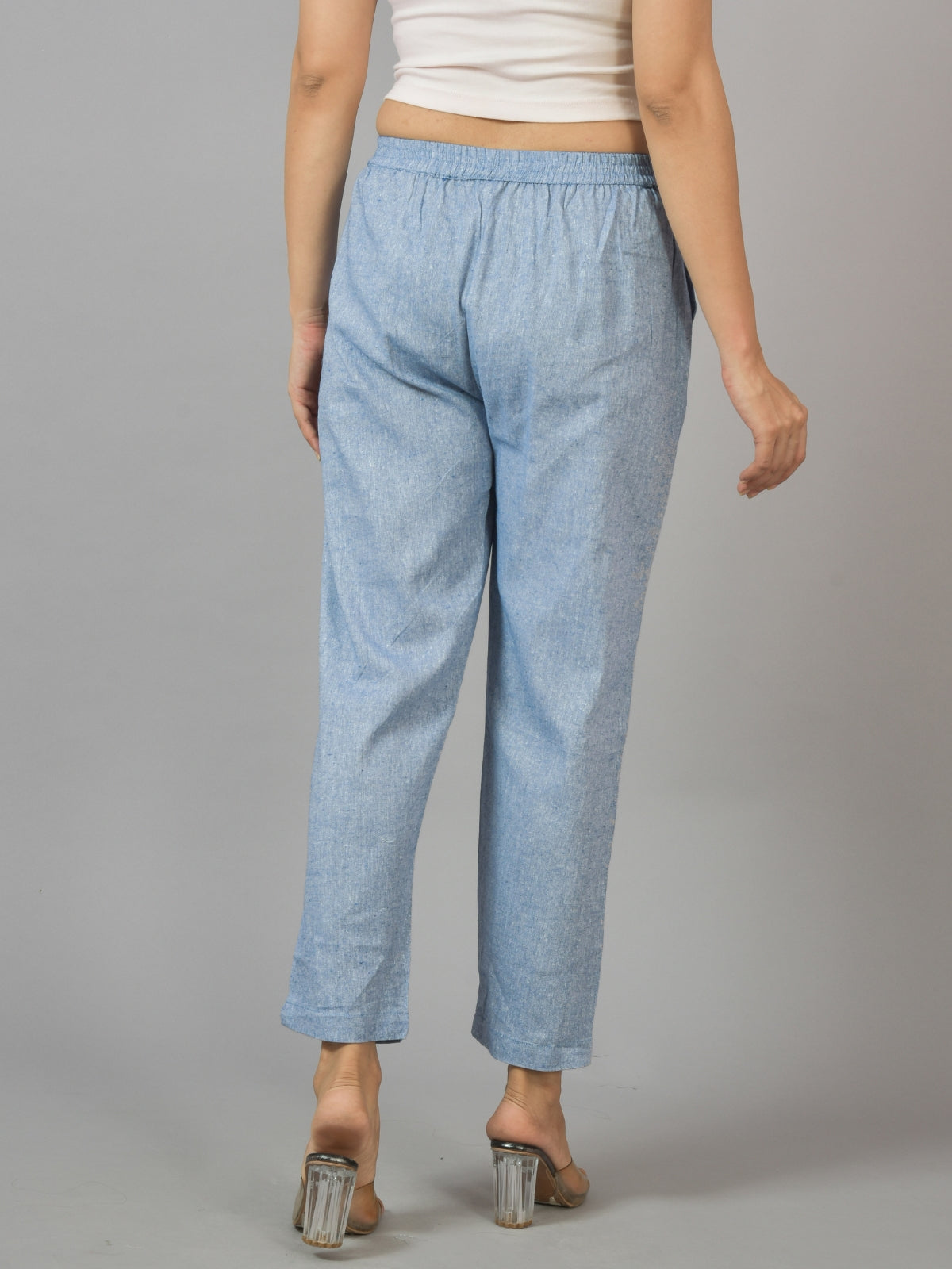 Pack Of 2 Womens Denim Blue and Off White Fully Elastic Cotton Trousers