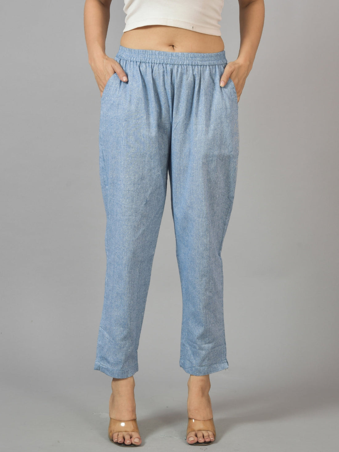 Pack Of 2 Womens Denim Blue and Sky Blue Fully Elastic Cotton Trousers