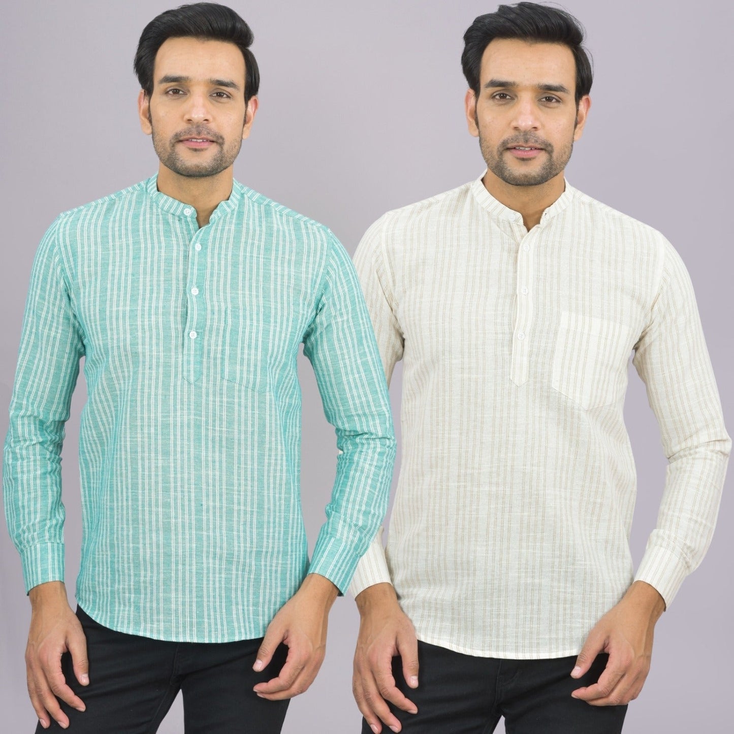 Pack Of 2 Mens Brown And Grey Stripe Linen Slub Short Kurta