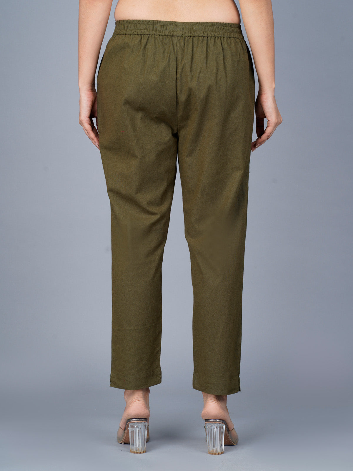 Women's Dark Green Regular Fit Elastic Cotton Trouser