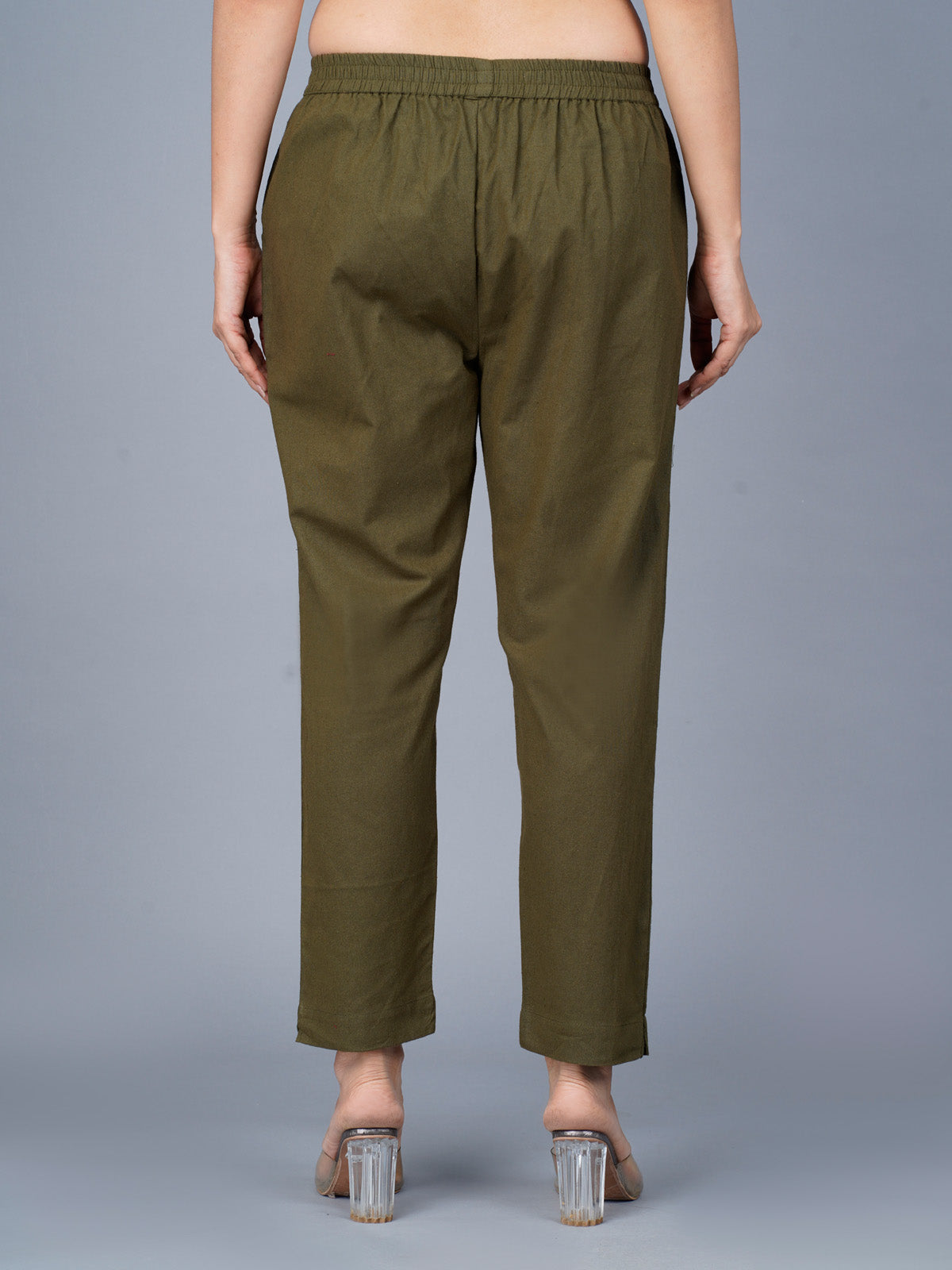 Pack Of 2 Womens Regular Fit Mustard And Dark Green Fully Elastic Waistband Cotton Trouser