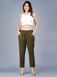 Women's Dark Green Regular Fit Elastic Cotton Trouser