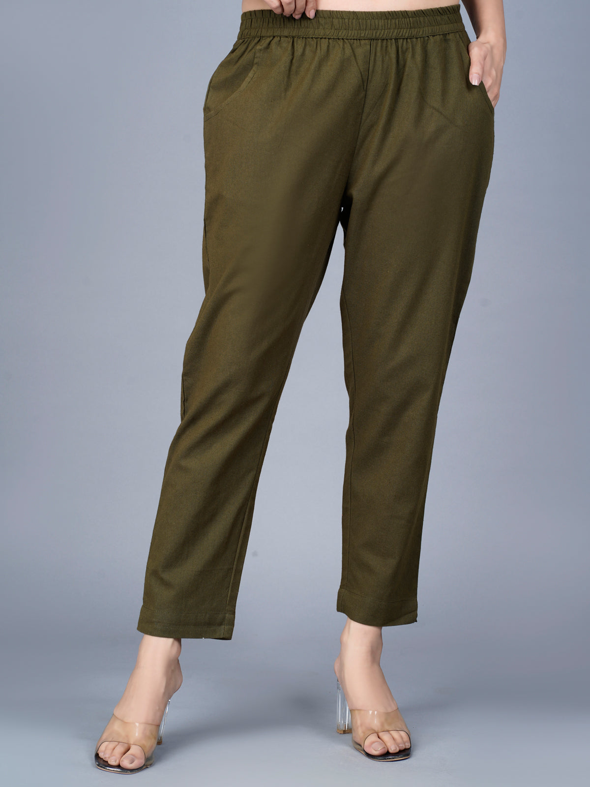 Pack Of 2 Womens Regular Fit Cream And Dark Green Fully Elastic Waistband Cotton Trouser