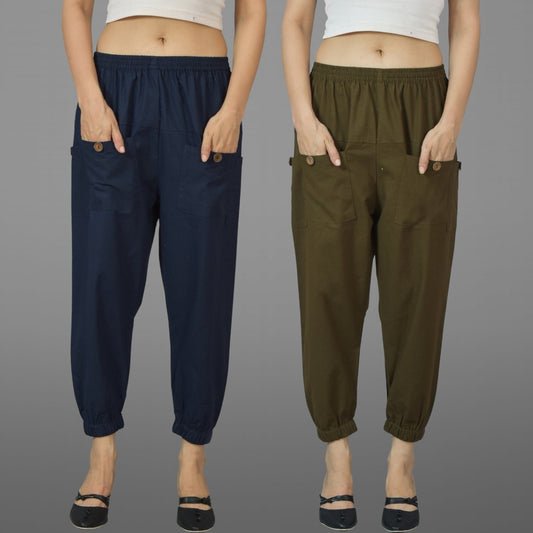 Combo Pack Of Womens Dark Blue And Dark Green Four Pocket Cotton Cargo Pants