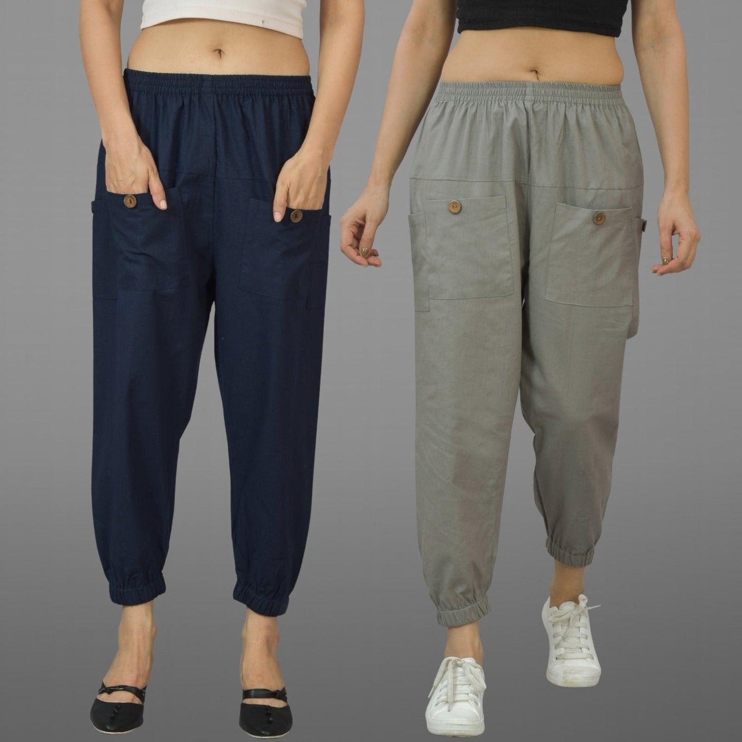 Combo Pack Of Womens Dark Blue And Grey Four Pocket Cotton Cargo Pants
