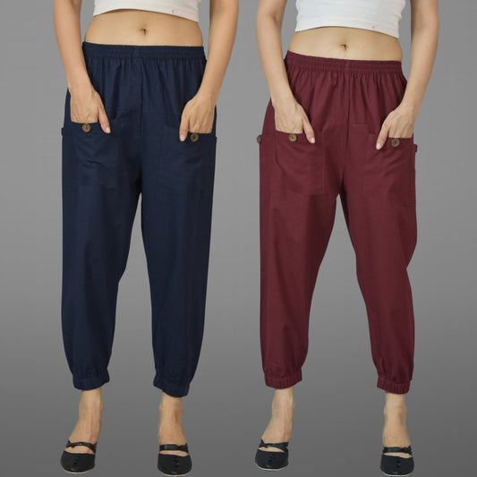 Combo Pack Of Womens Dark Blue And Maroon Four Pocket Cotton Cargo Pants