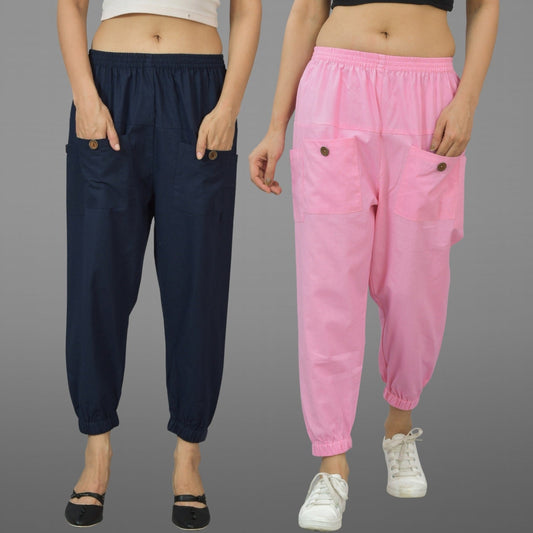 Combo Pack Of Womens Dark Blue And Pink Four Pocket Cotton Cargo Pants
