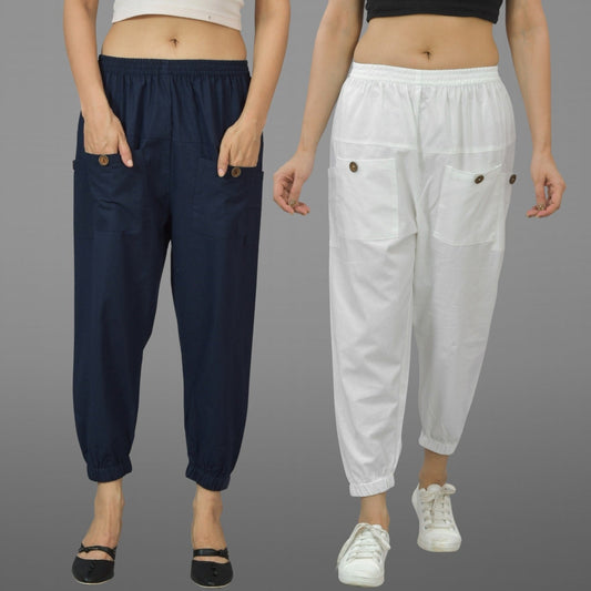 Combo Pack Of Womens Dark Blue And White Four Pocket Cotton Cargo Pants