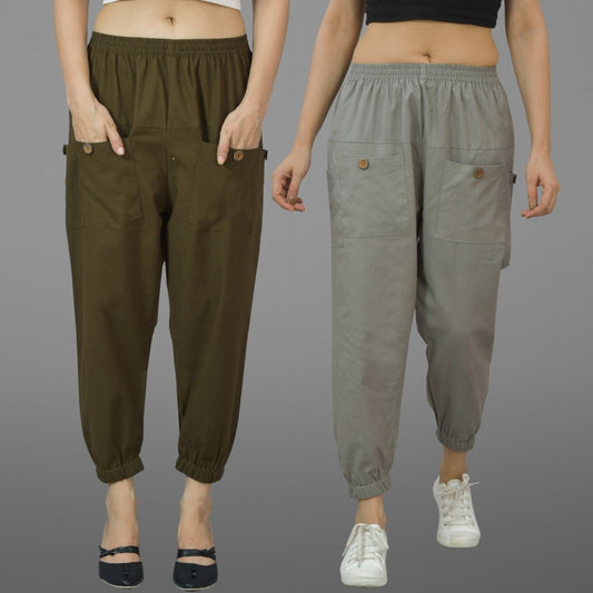 Combo Pack Of Womens Dark Green And Grey Four Pocket Cotton Cargo Pants