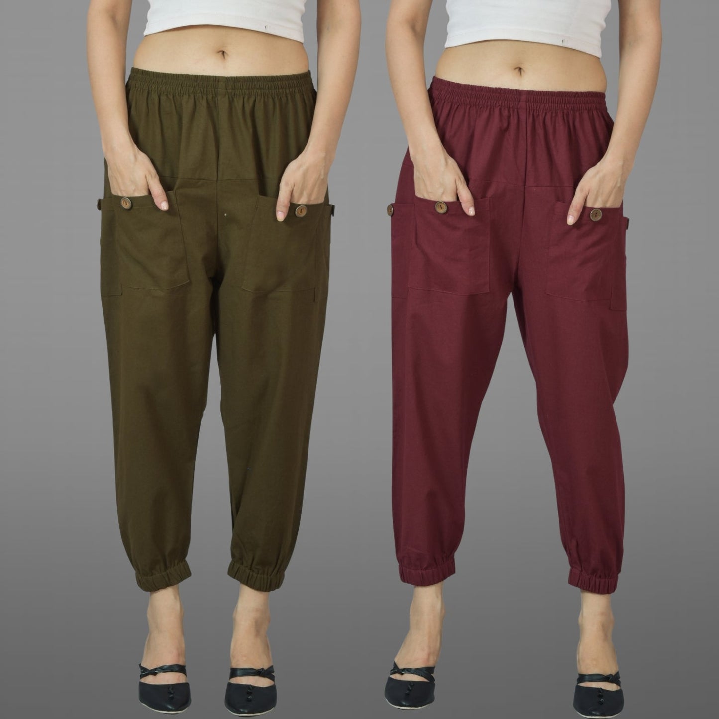 Combo Pack Of Womens Dark Green And Maroon Four Pocket Cotton Cargo Pants