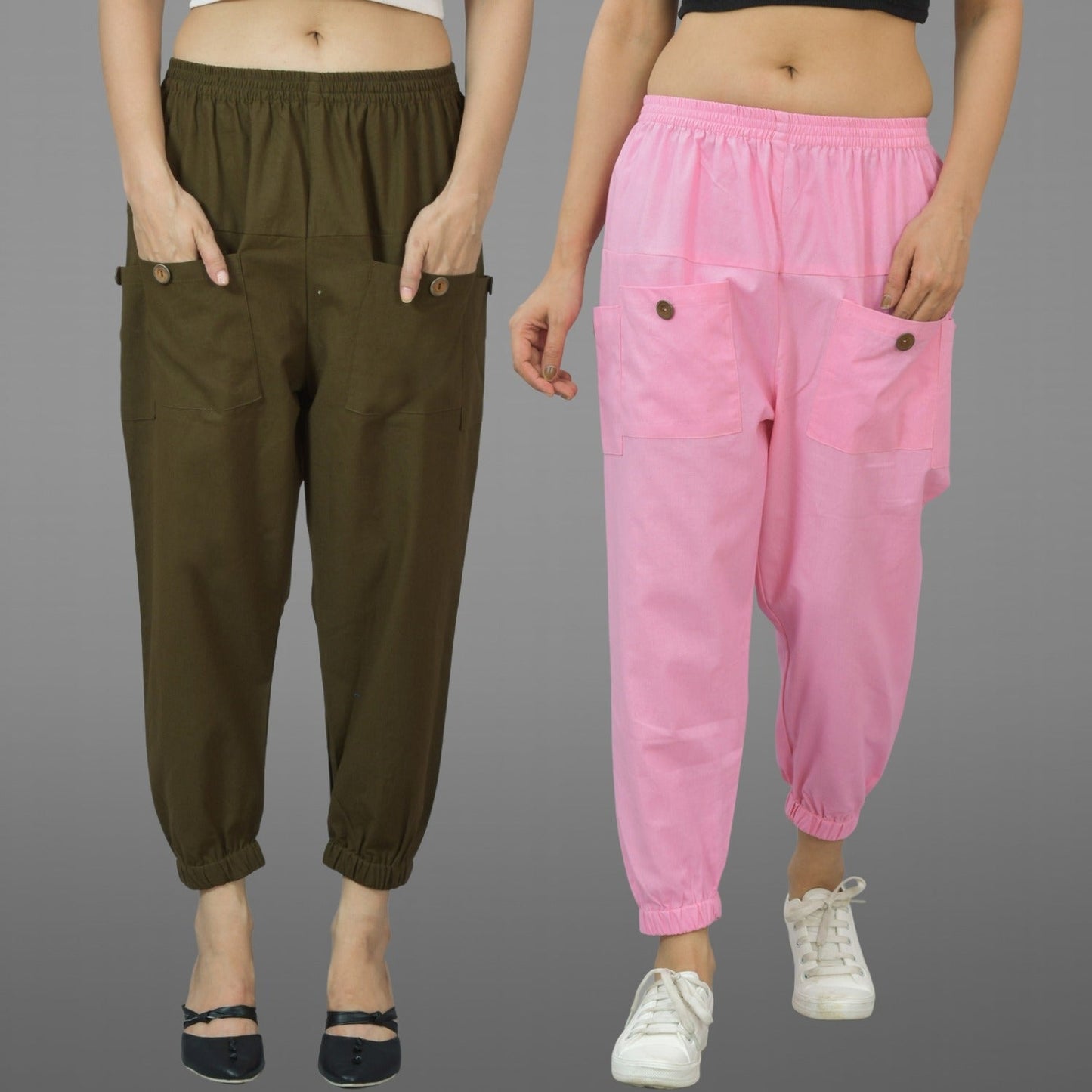 Combo Pack Of Womens Dark Green And Pink Four Pocket Cotton Cargo Pants