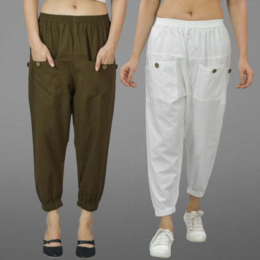 Combo Pack Of Womens Dark Green And White Four Pocket Cotton Cargo Pants