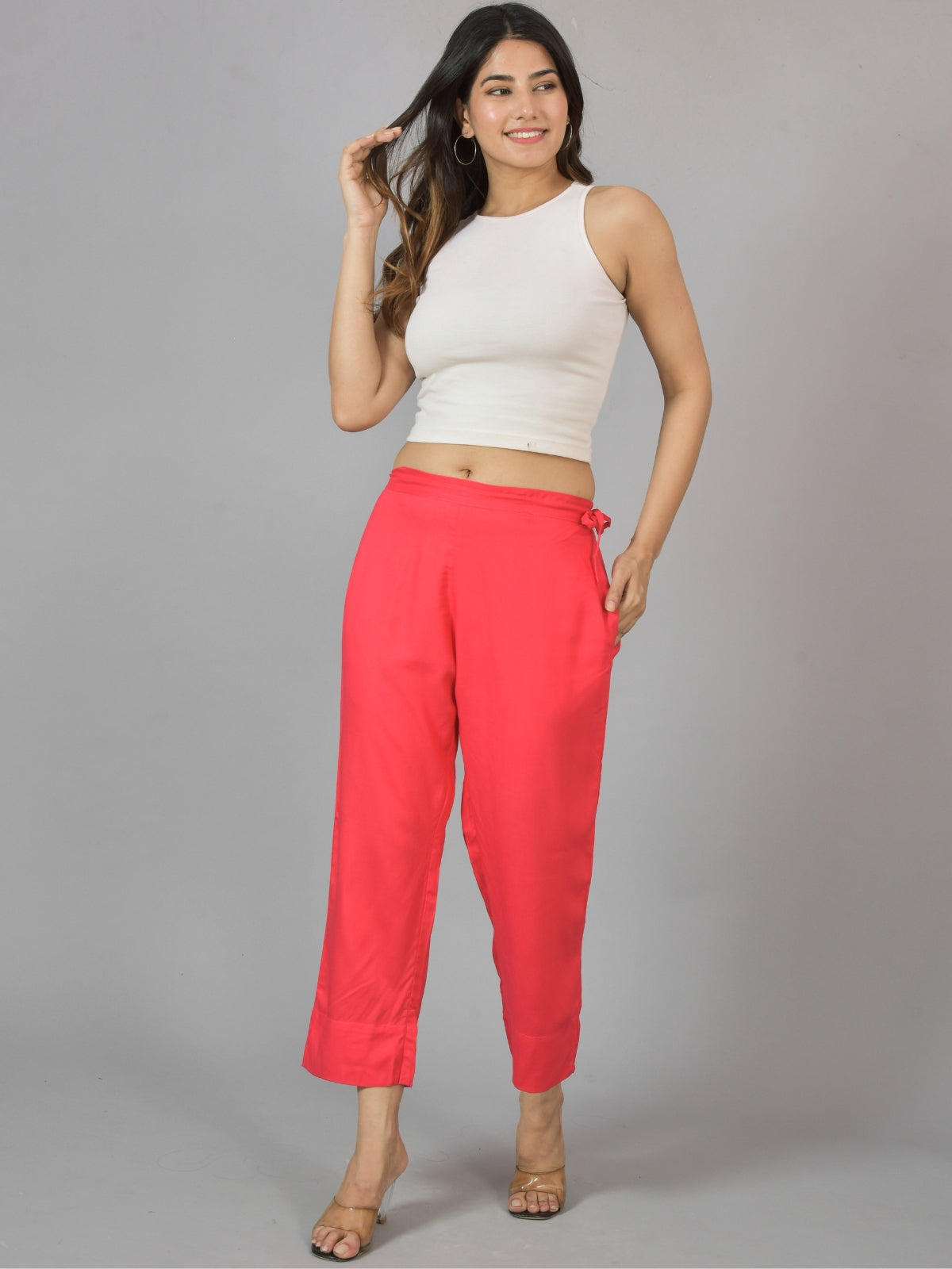 Women Solid Gajri Red Rayon Culottes Trouser