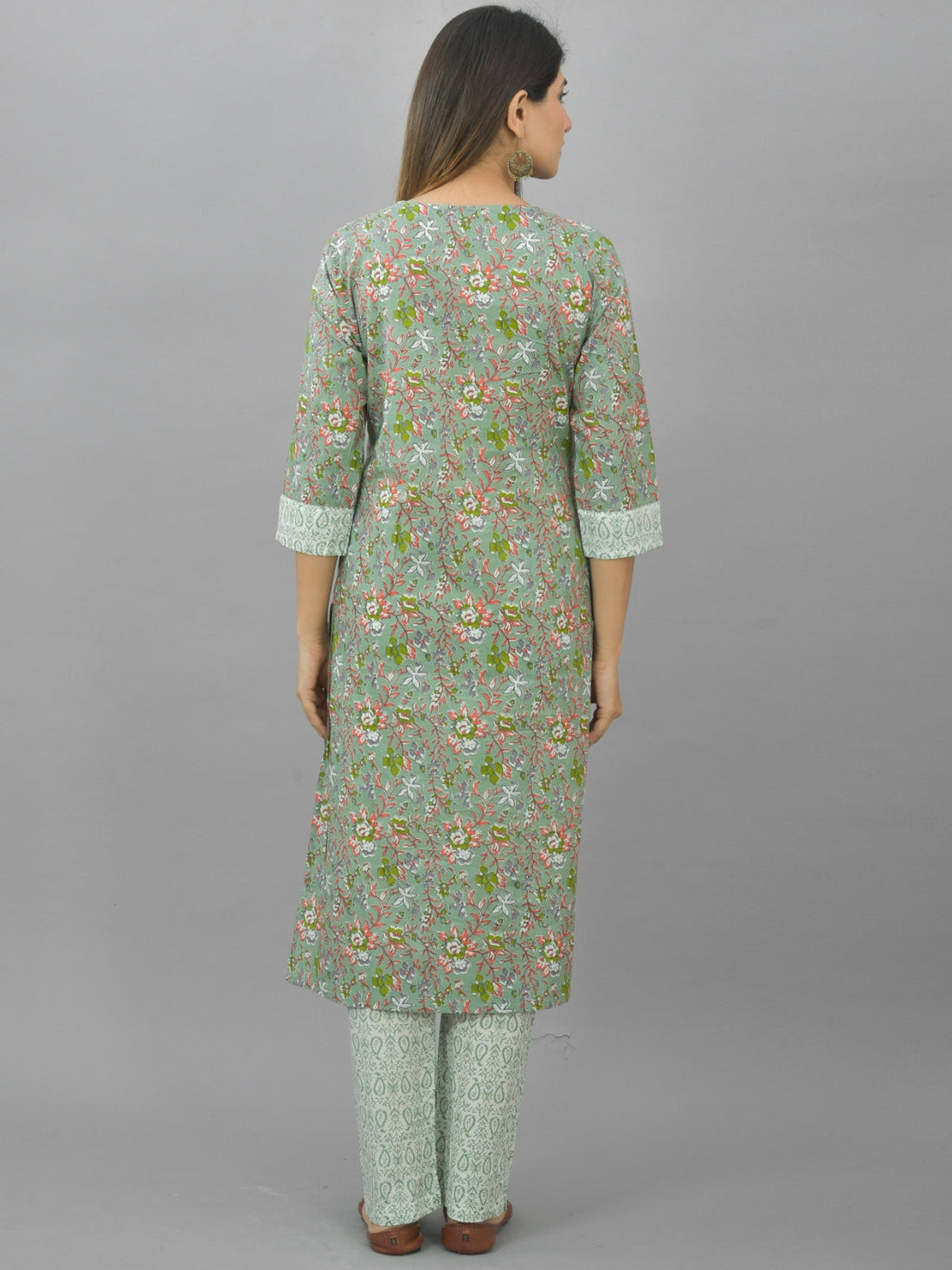 Womens Flower Printed Green Kurti, Dupatta And Pant Set