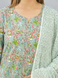 Womens Flower Printed Green Kurti And Dupatta Set