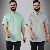 Pack Of 2 Mens Regular Fit Green And Grey Half Sleeve Cotton Short Kurta Combo