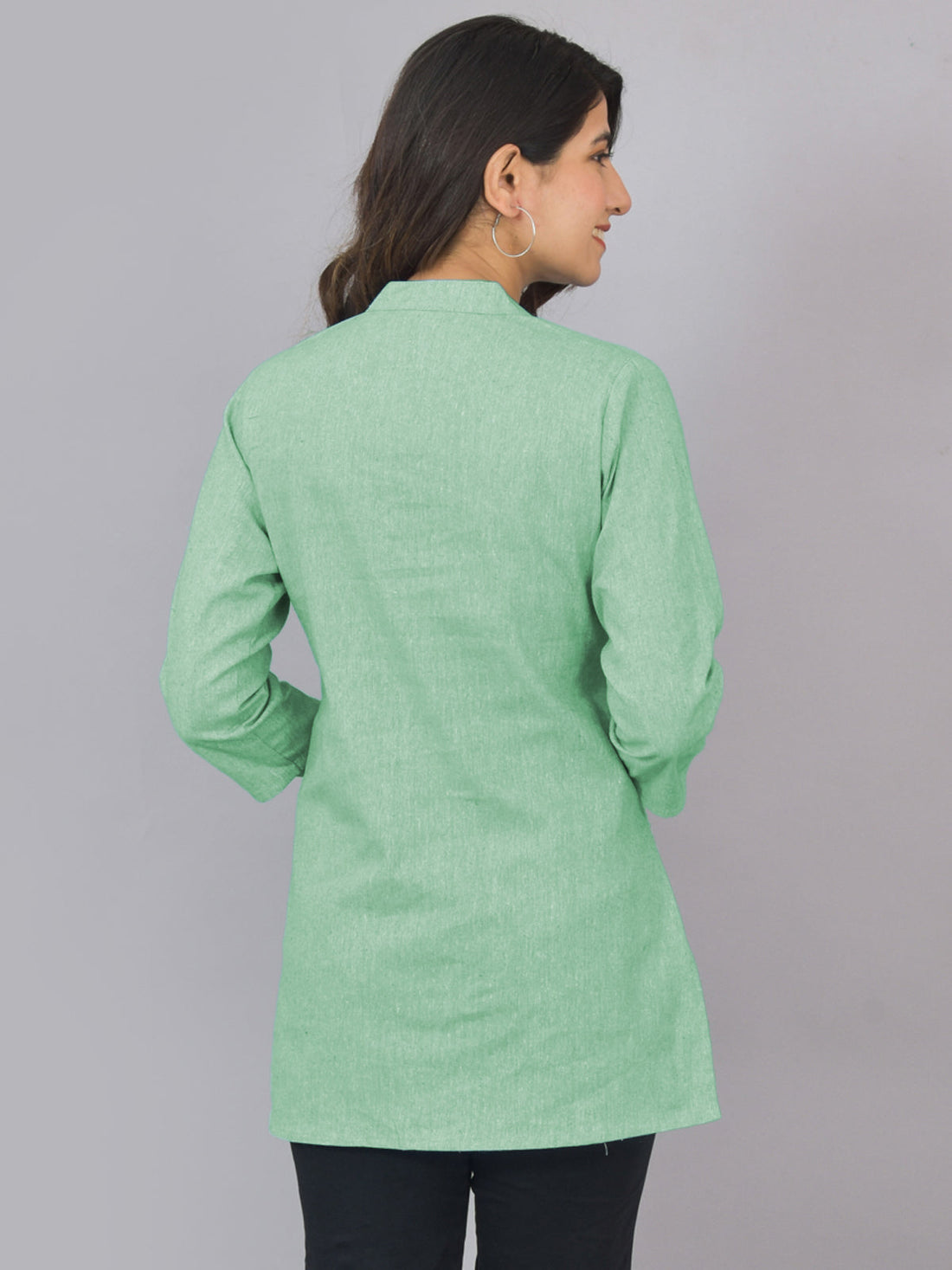 Womens Green Woven Design Handloom Cotton Frontslit Short Kurti