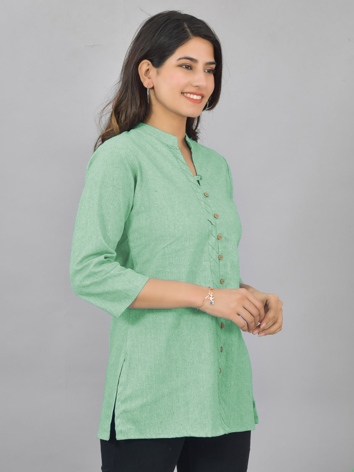 Womens Green Woven Design Handloom Cotton Frontslit Short Kurti