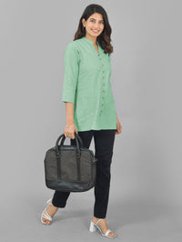 Womens Green Woven Design Handloom Cotton Frontslit Short Kurti
