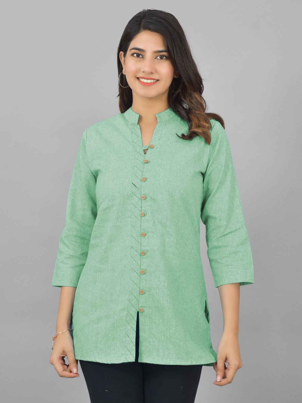 Pack Of 2 Womens Cream And Green Woven Design Handloom Cotton Frontslit Short Kurtis