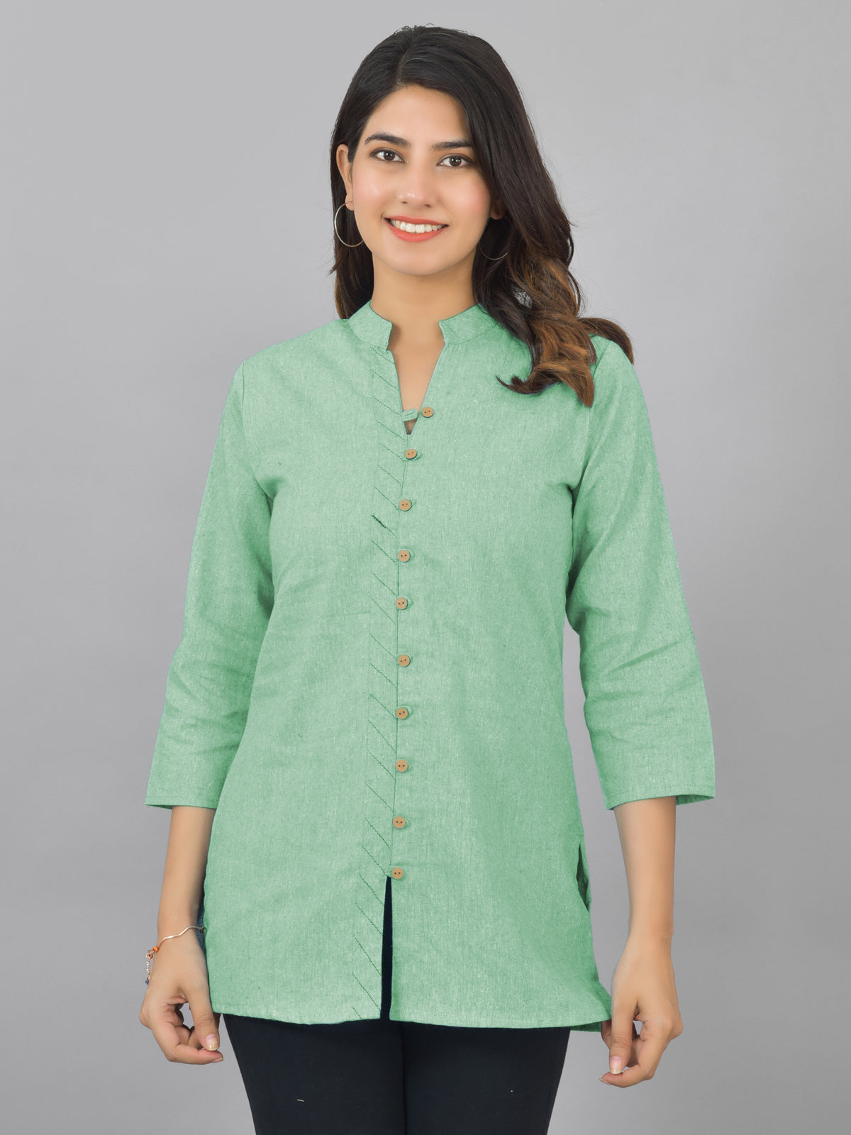 Pack Of 2 Womens Green And Melange Grey Woven Design Handloom Cotton Frontslit Short Kurtis