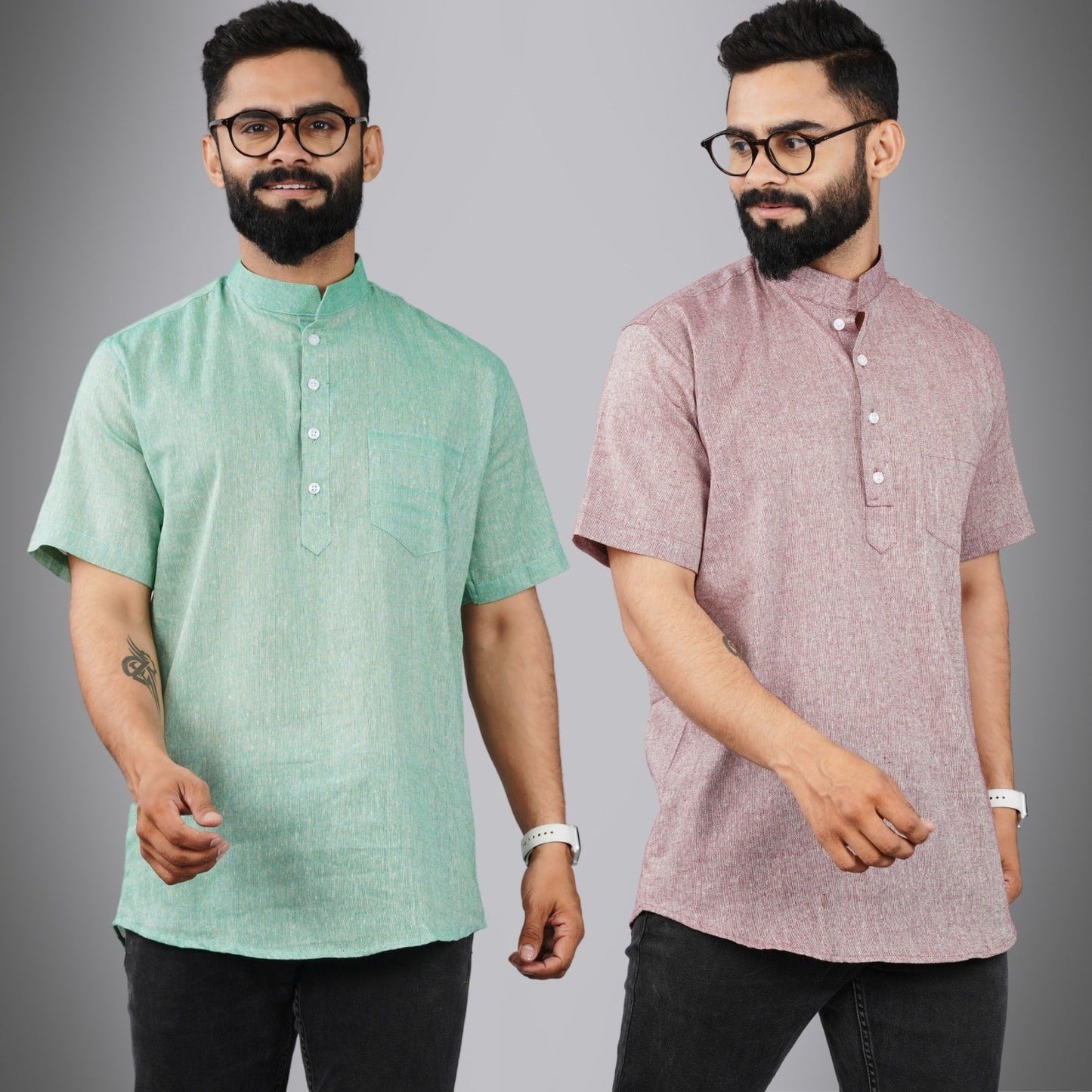 Pack Of 2 Mens Regular Fit Green And Magenta Half Sleeve Cotton Short Kurta Combo