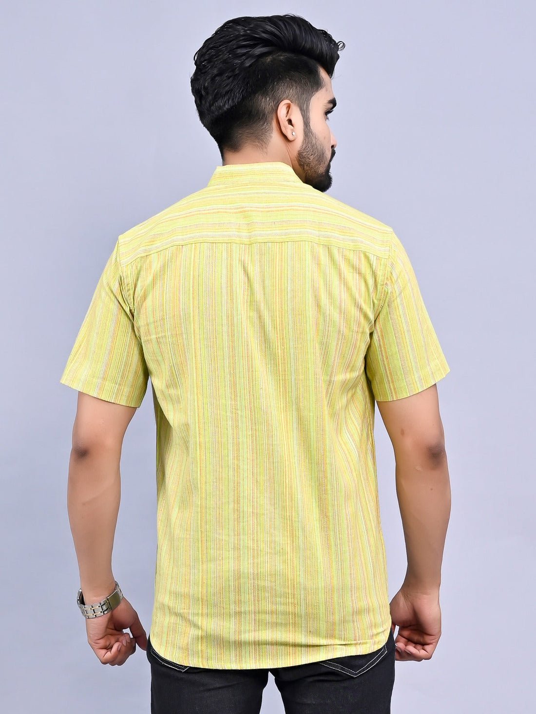 Regular Fit Green Multi Stripes Cotton Short Kurta