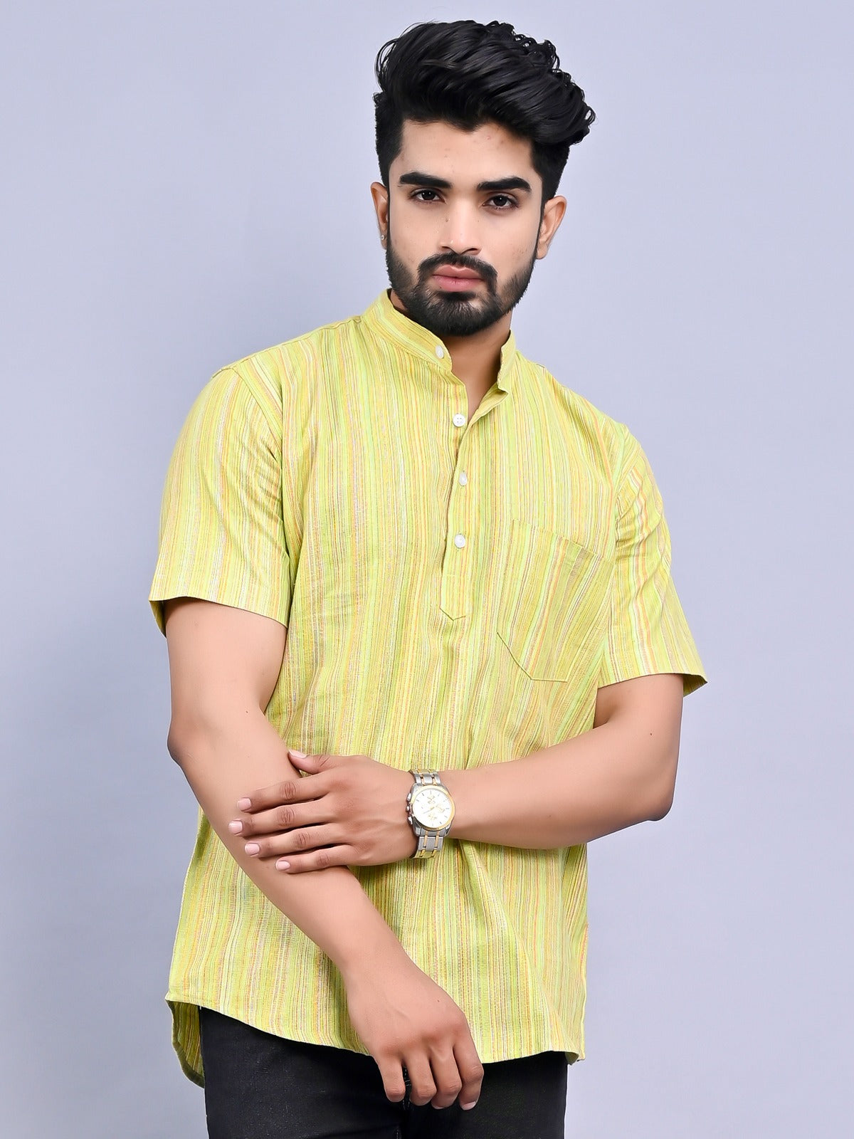 Mens Green Striped South Cotton Straight Short kurta