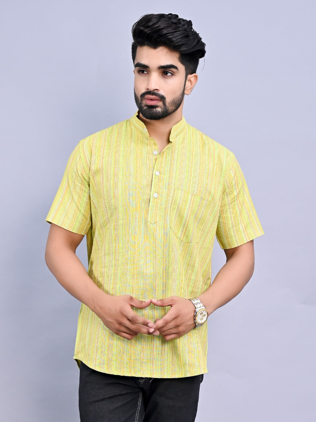 Ethnic Wear Khadi Cotton Green Multistripe Couple Kurta Set