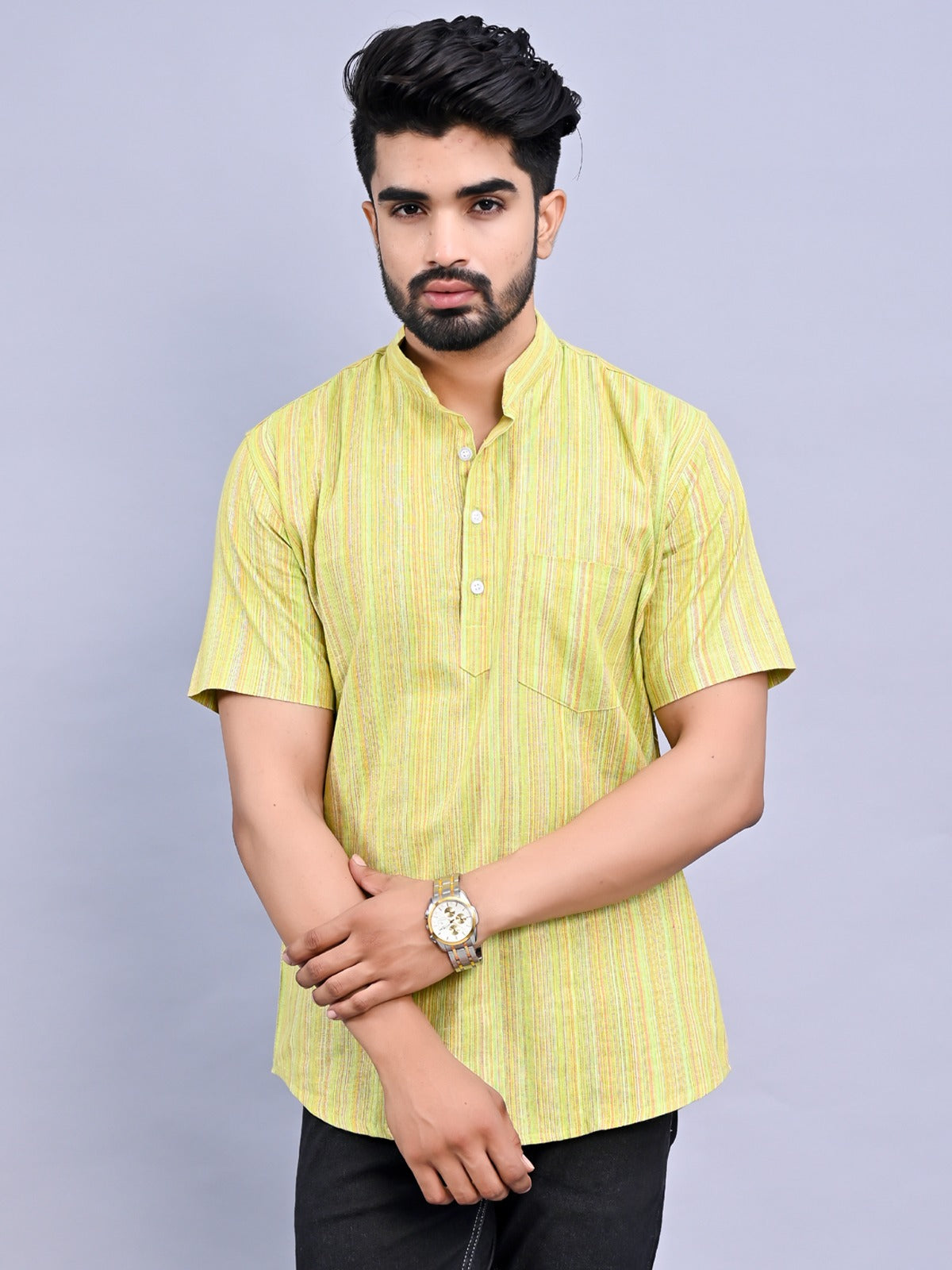 Ethnic Wear Khadi Cotton Green Multistripe Couple Kurta Set