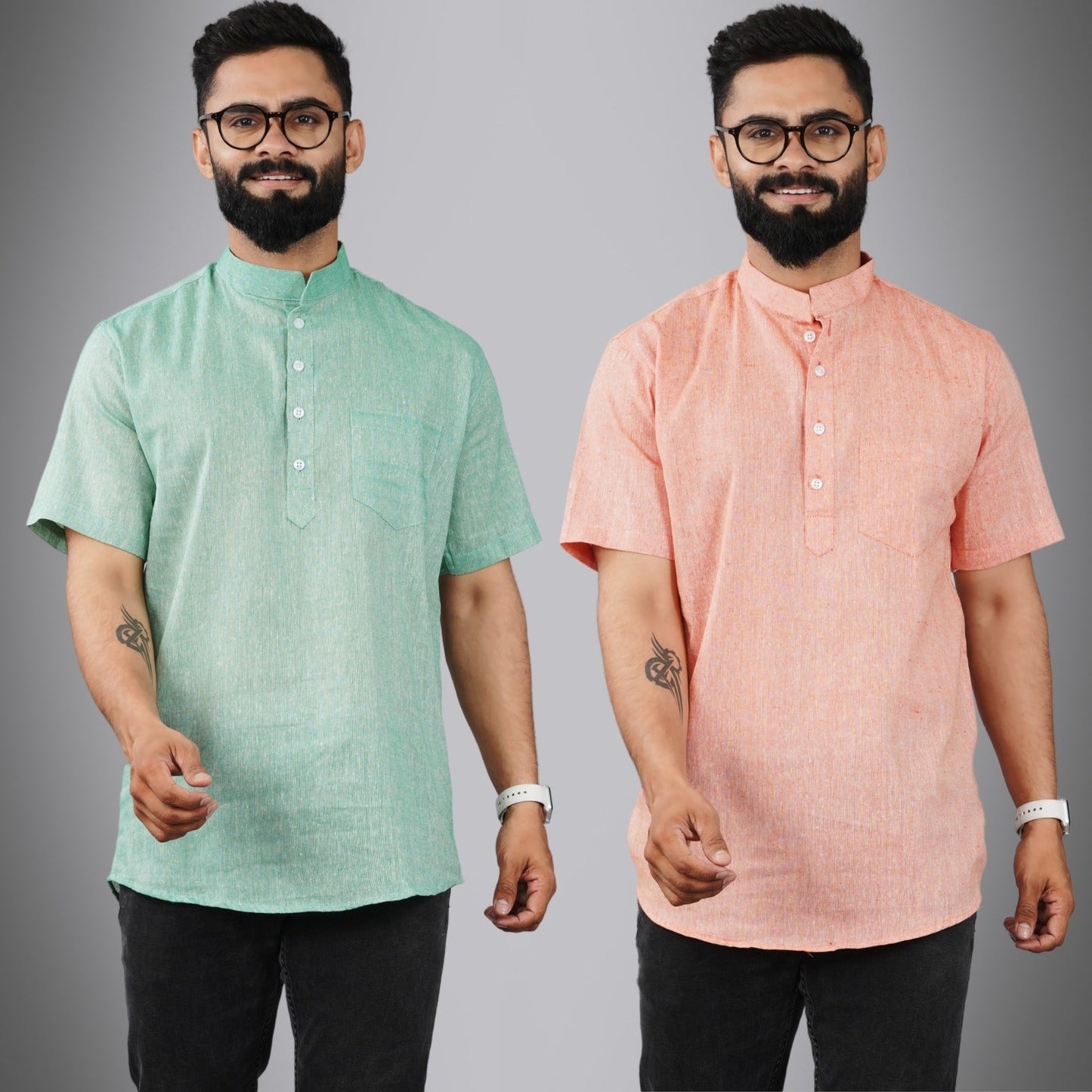 Pack Of 2 Mens Regular Fit Green And Orange Half Sleeve Cotton Short Kurta Combo