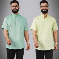 Pack Of 2 Mens Regular Fit Green And Parrot Green Half Sleeve Cotton Short Kurta Combo