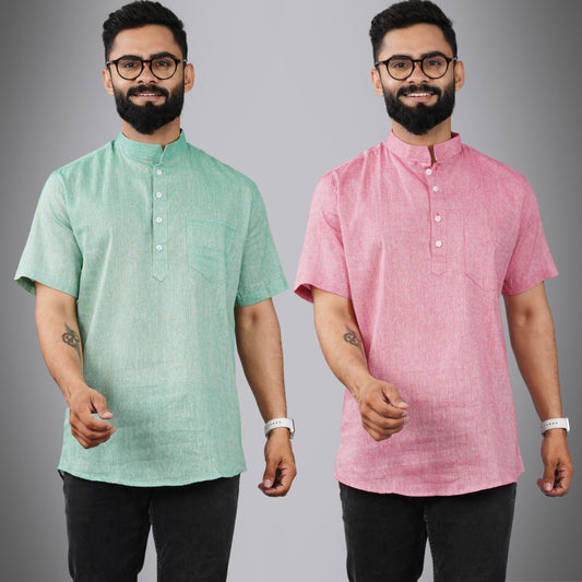 Pack Of 2 Mens Regular Fit Green And Pink Half Sleeve Cotton Short Kurta Combo