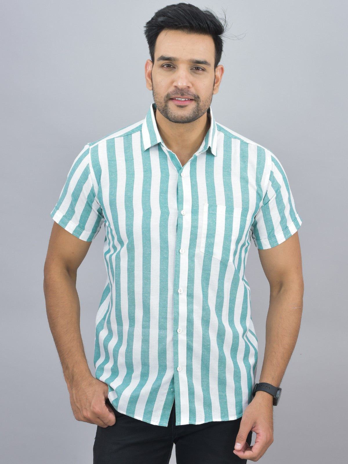 Mens Regular Fit Green Striped Half Sleeves Cotton Casual Shirt