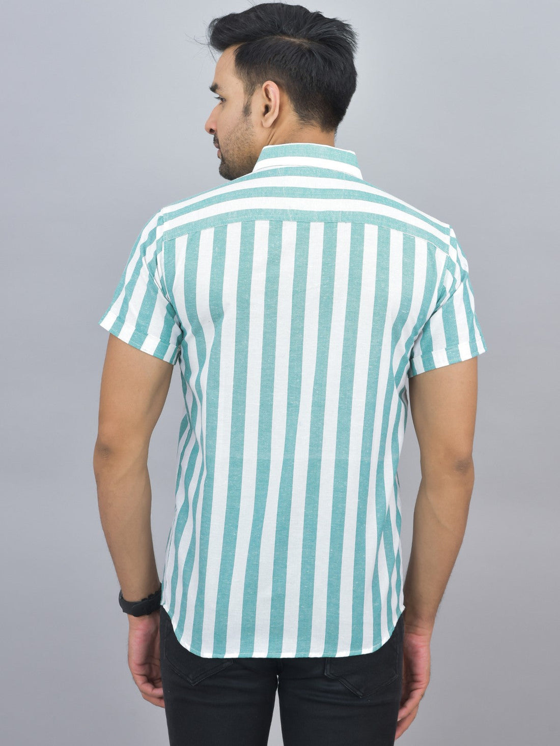 Mens Regular Fit Green Striped Half Sleeves Cotton Casual Shirt