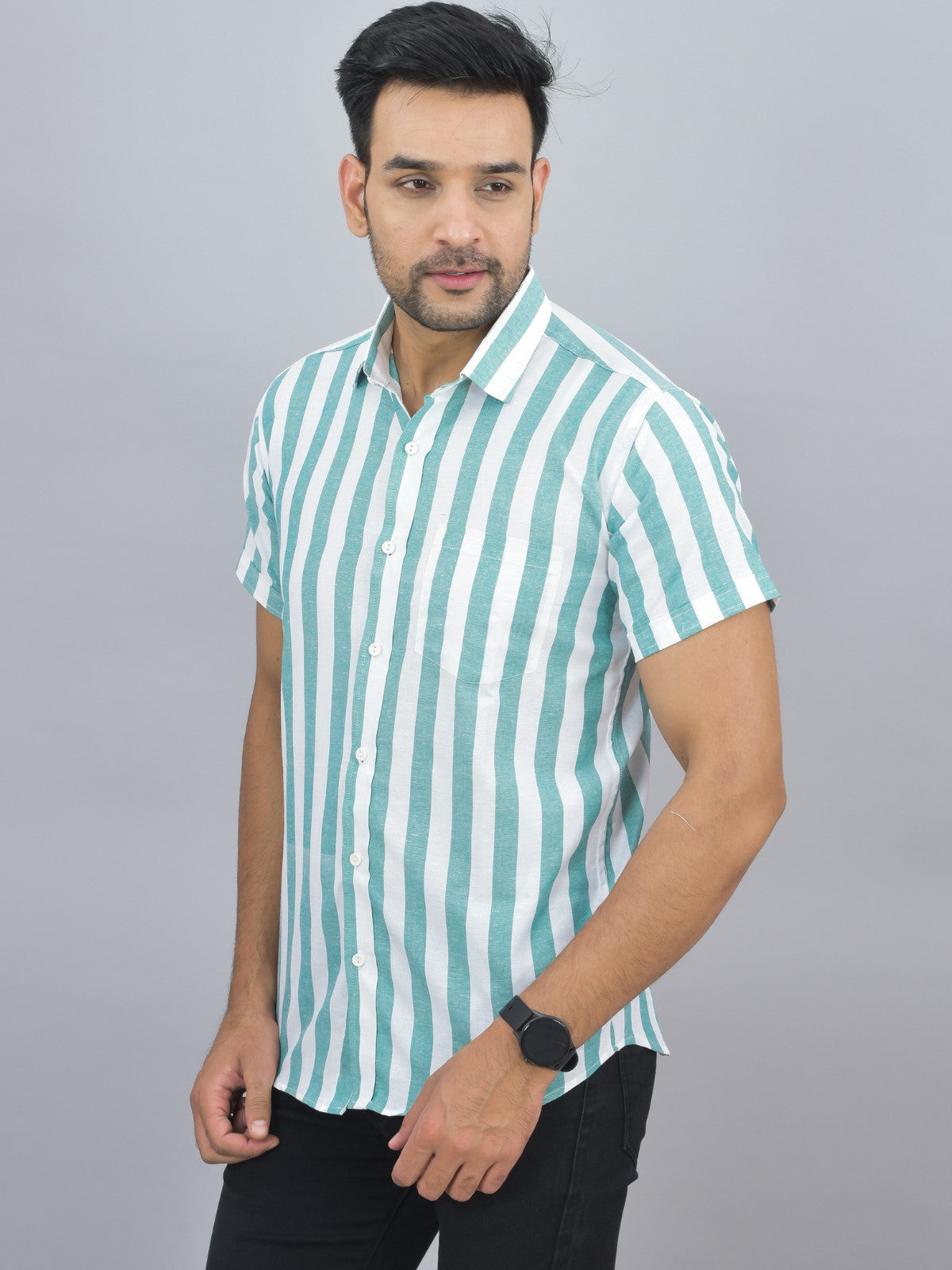 Mens Regular Fit Green Striped Half Sleeves Cotton Casual Shirt
