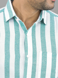 Mens Regular Fit Green Striped Half Sleeves Cotton Casual Shirt