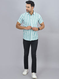 Mens Regular Fit Green Striped Half Sleeves Cotton Casual Shirt