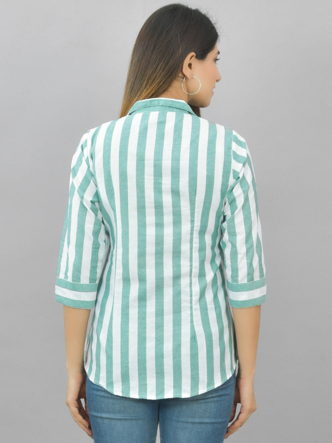 Womens Green Regular Fit Striped Cotton Spread Collar Casual Shirt